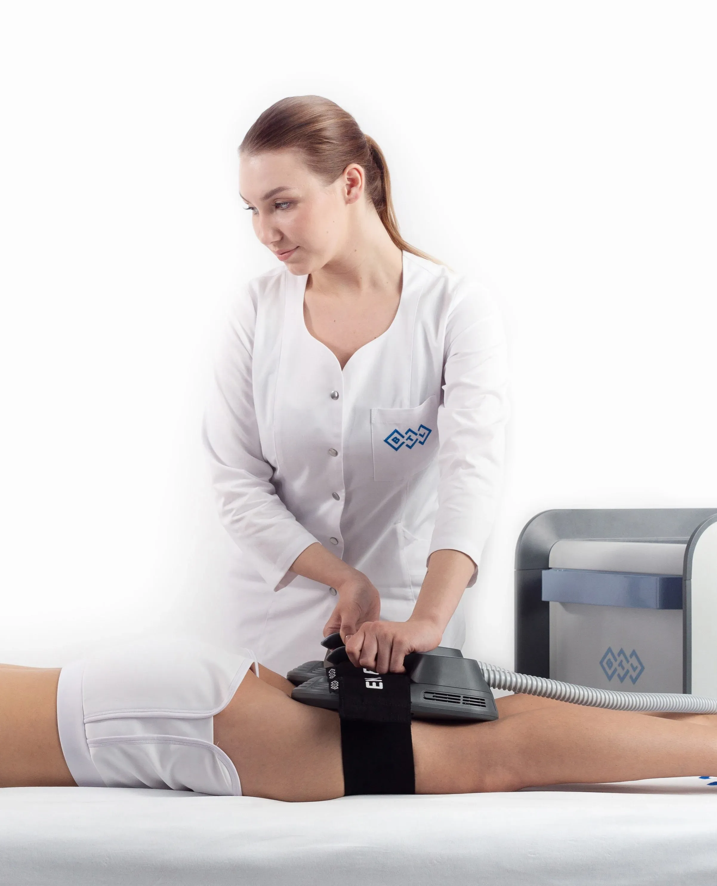 Patient using Emsculpt Neo Function for deep core strengthening after a back injury in Naples FL