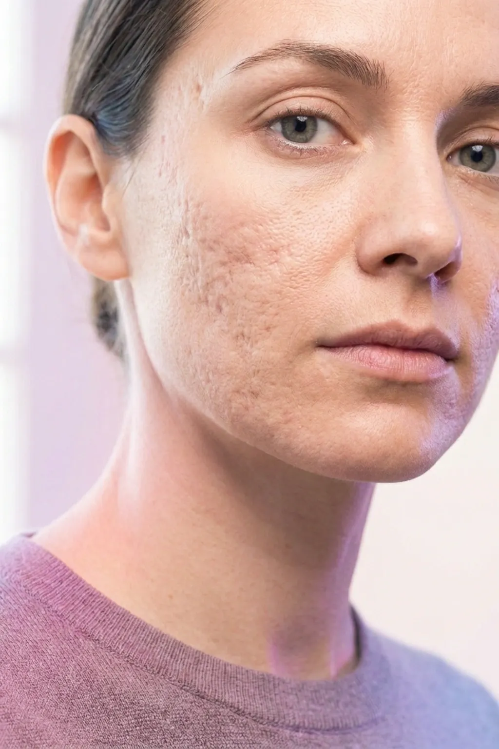Close view of atrophic and raised acne scarring on adult skin assessed at Applegate MedSpa in Covington, KY