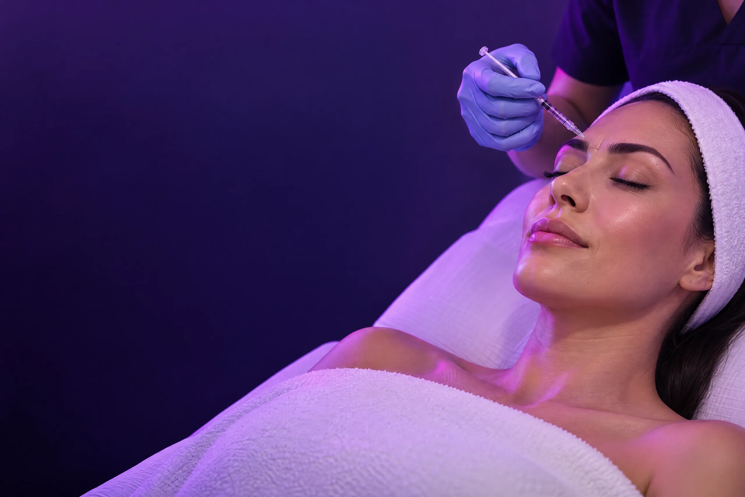 Fine needle delivering an injection into the muscle between the brows