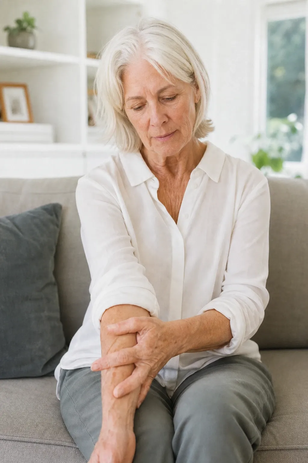 Woman pressing her thigh as radiating leg pain travels down from her low back at Bergtold Chiropractic Naples