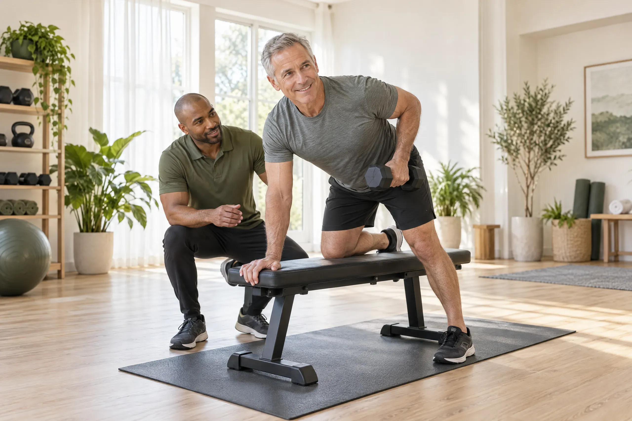 Adult client lifting dumbbells during a coached strength session to build lean muscle near Charlotte, NC