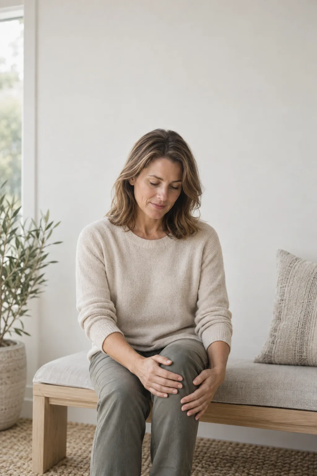 Close-up of hands easing a stiff, aching knee joint at a Camarillo, CA spine and nerve clinic