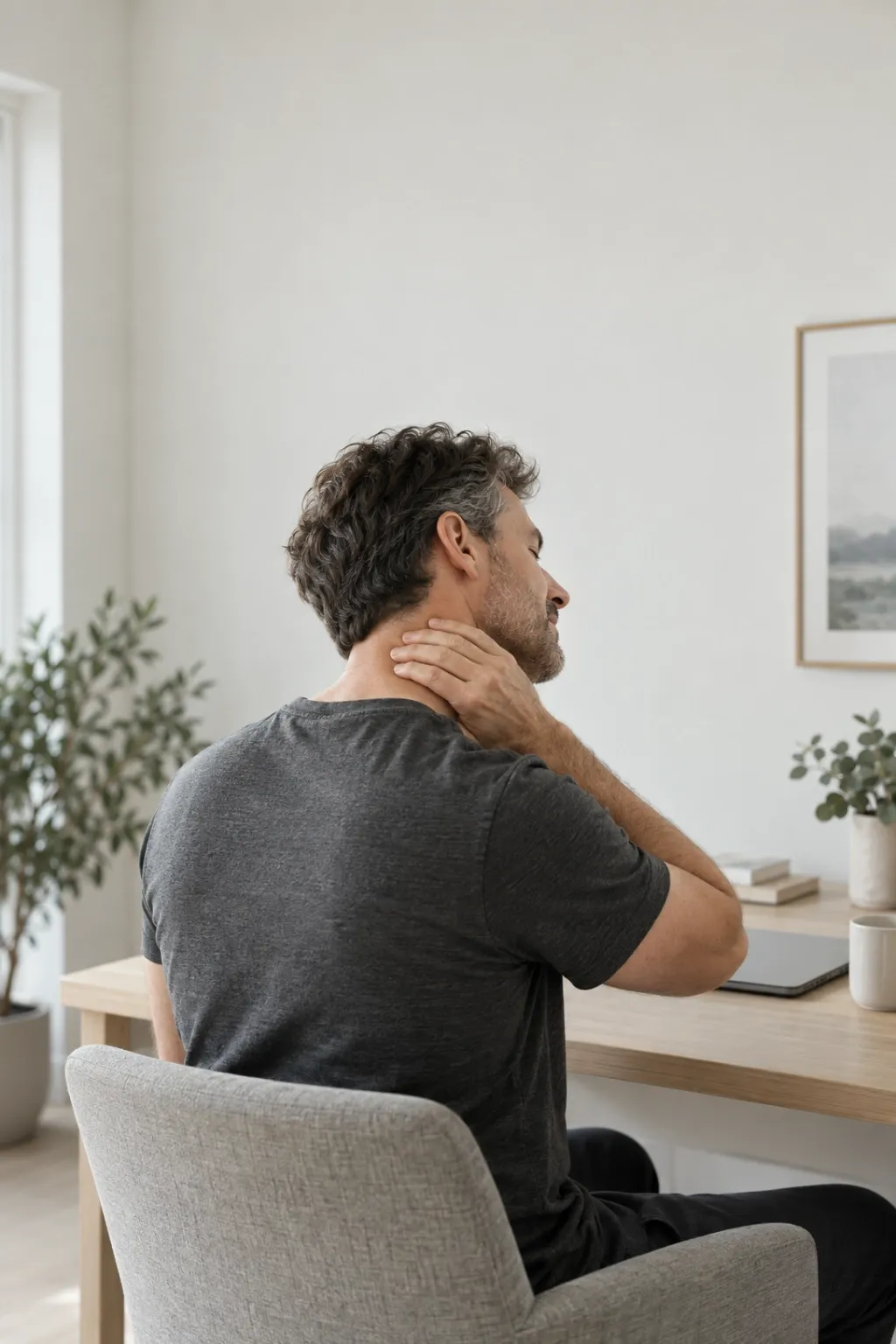 Woman holding the side of her stiff neck at a desk in a Camarillo, California office setting