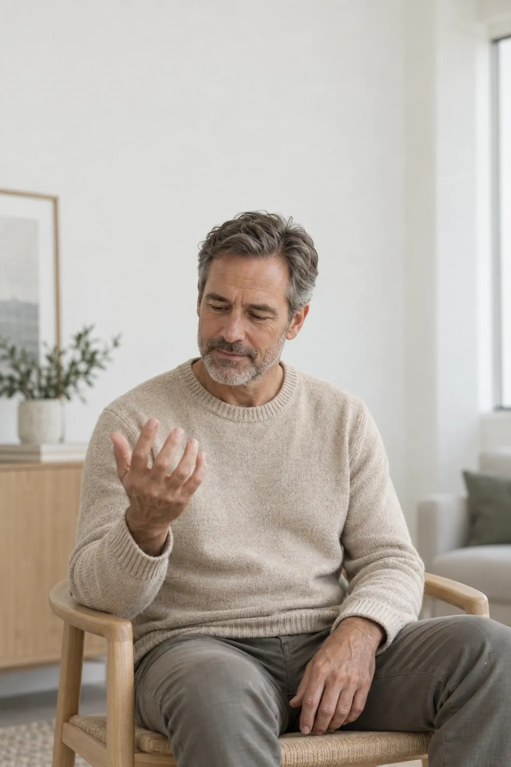 Close view of a patient holding a tingling hand while explaining numbness symptoms to the care team