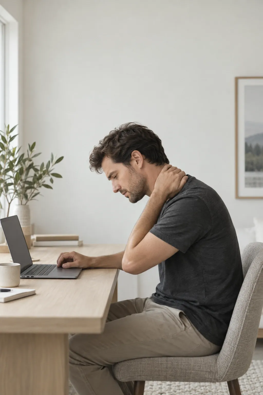 Adult at a desk showing forward head posture and rounded shoulders in a Camarillo, California office