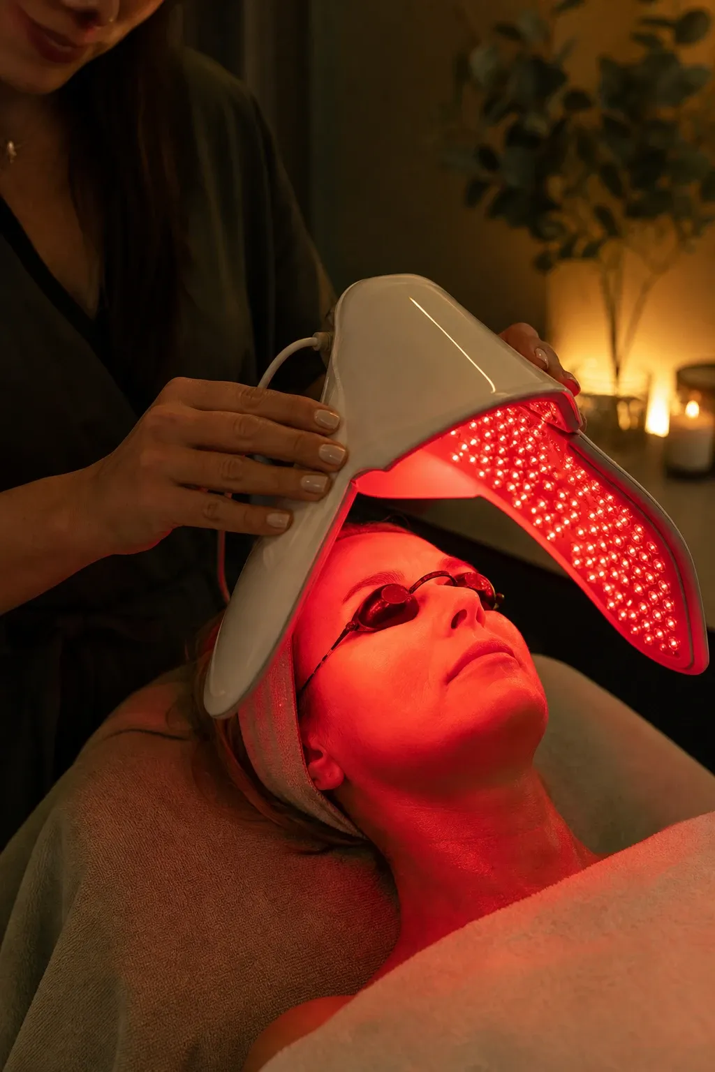 Before and after LED light therapy results showing calmer clearer skin at Desert Oasis Wellness and Med Spa in Lake Havasu City