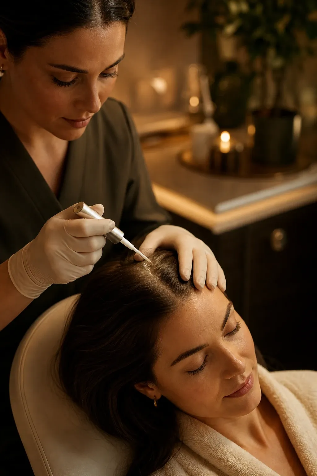 Close view of a thinning part line before starting hair growth treatments at a Lake Havasu City medical spa