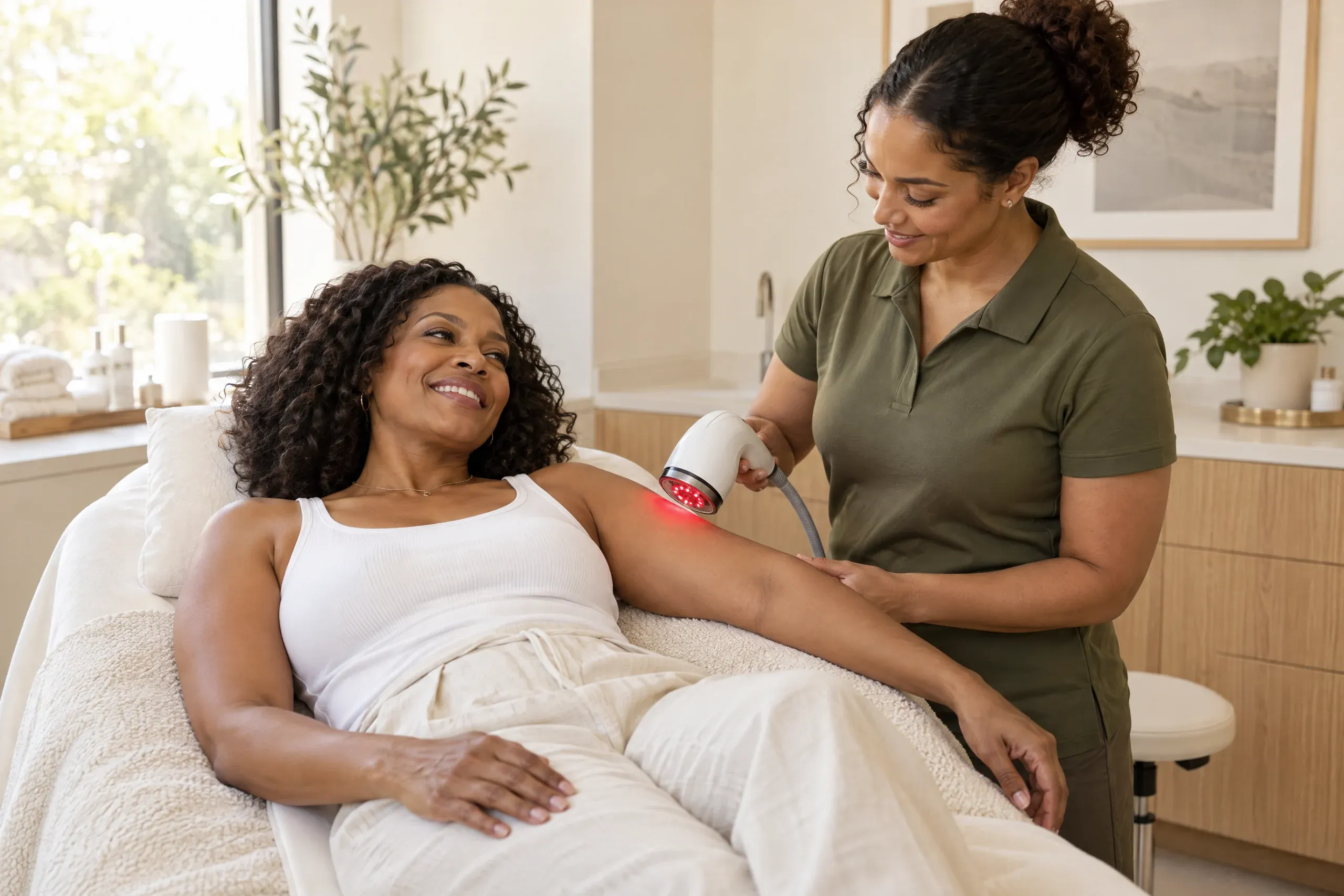 Assessing loose skin after weight loss before a skin tightening course at Aspire Trim Clinic NC
