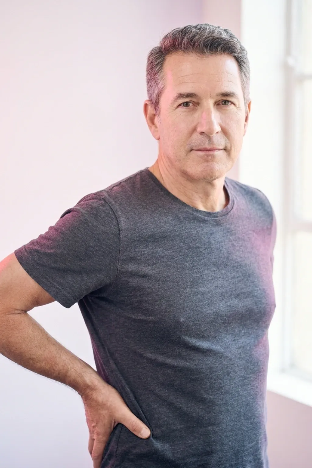 Man holding a stiff shoulder while discussing muscle and joint pain with a provider at Applegate MedSpa