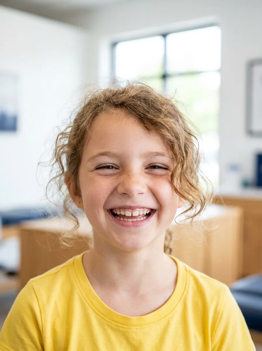 Confident school age child sitting upright before a pediatric chiropractic evaluation in Naples, Florida
