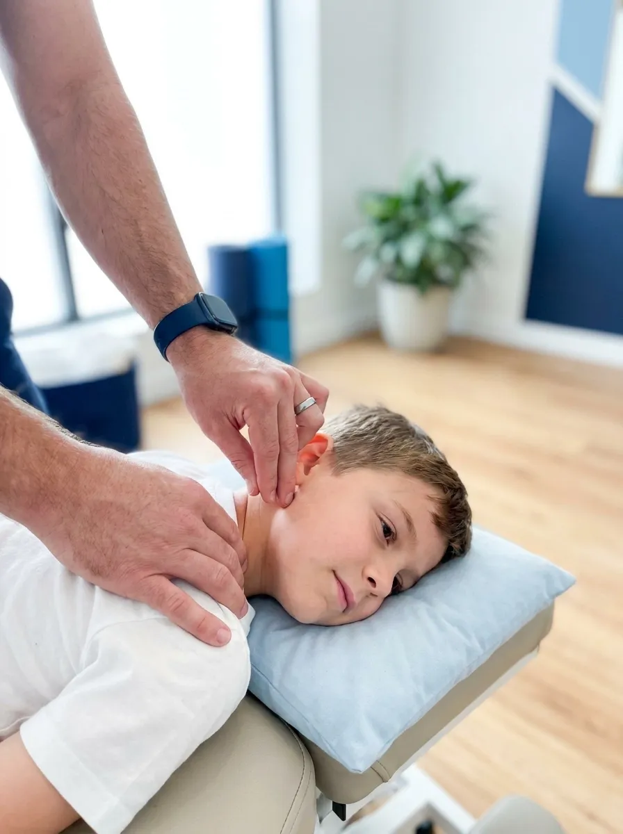 Child standing for a posture and spinal alignment assessment at Bergtold Chiropractic in Naples, Florida