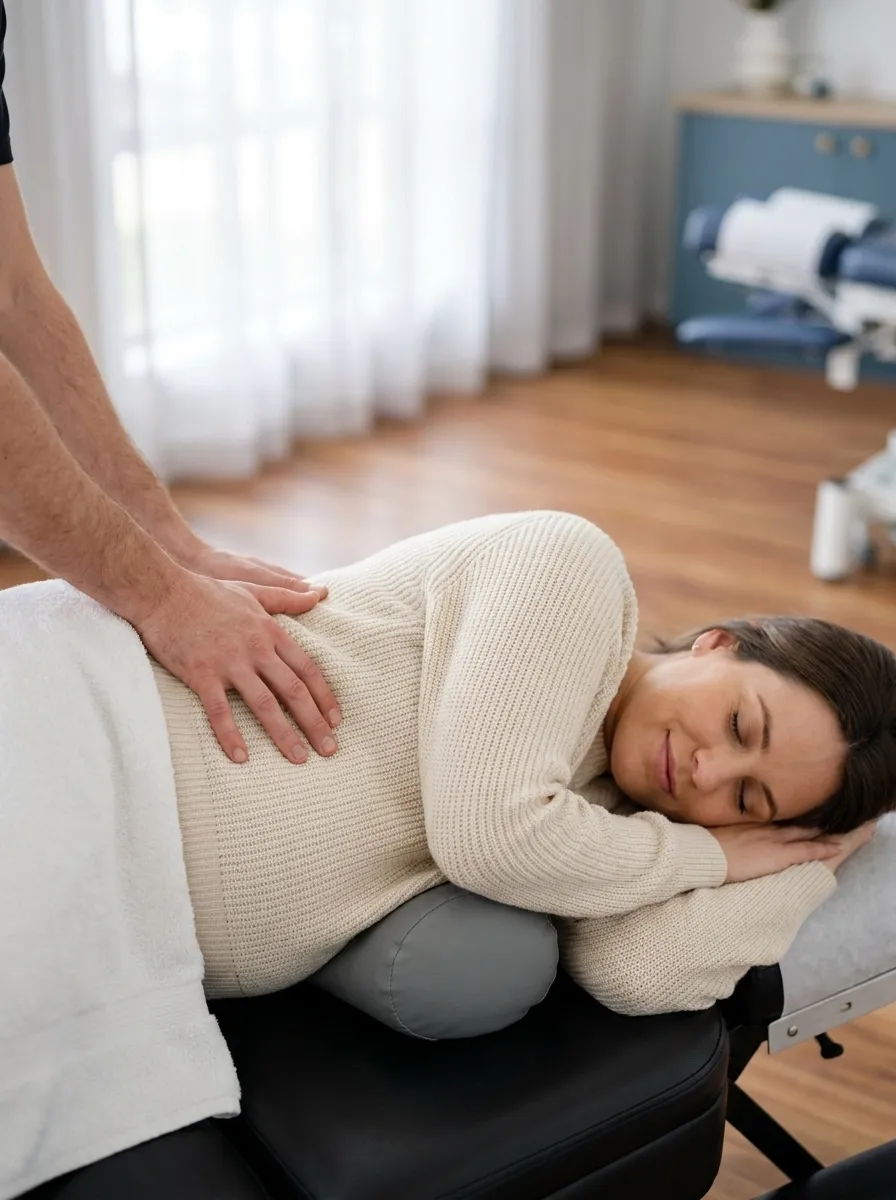 Pregnant patient supported by pregnancy pillows during gentle prenatal chiropractic care in Naples Florida