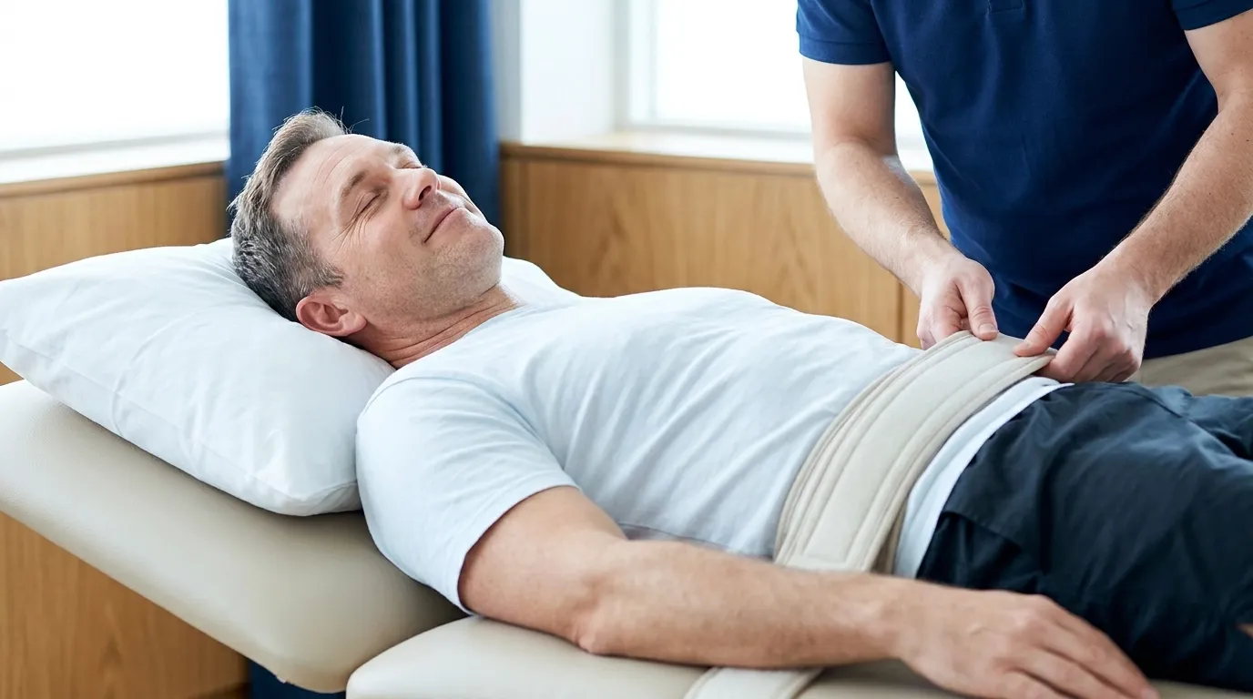 Patient receiving spinal decompression therapy on the Hill DT table at Bergtold Chiropractic in Naples FL