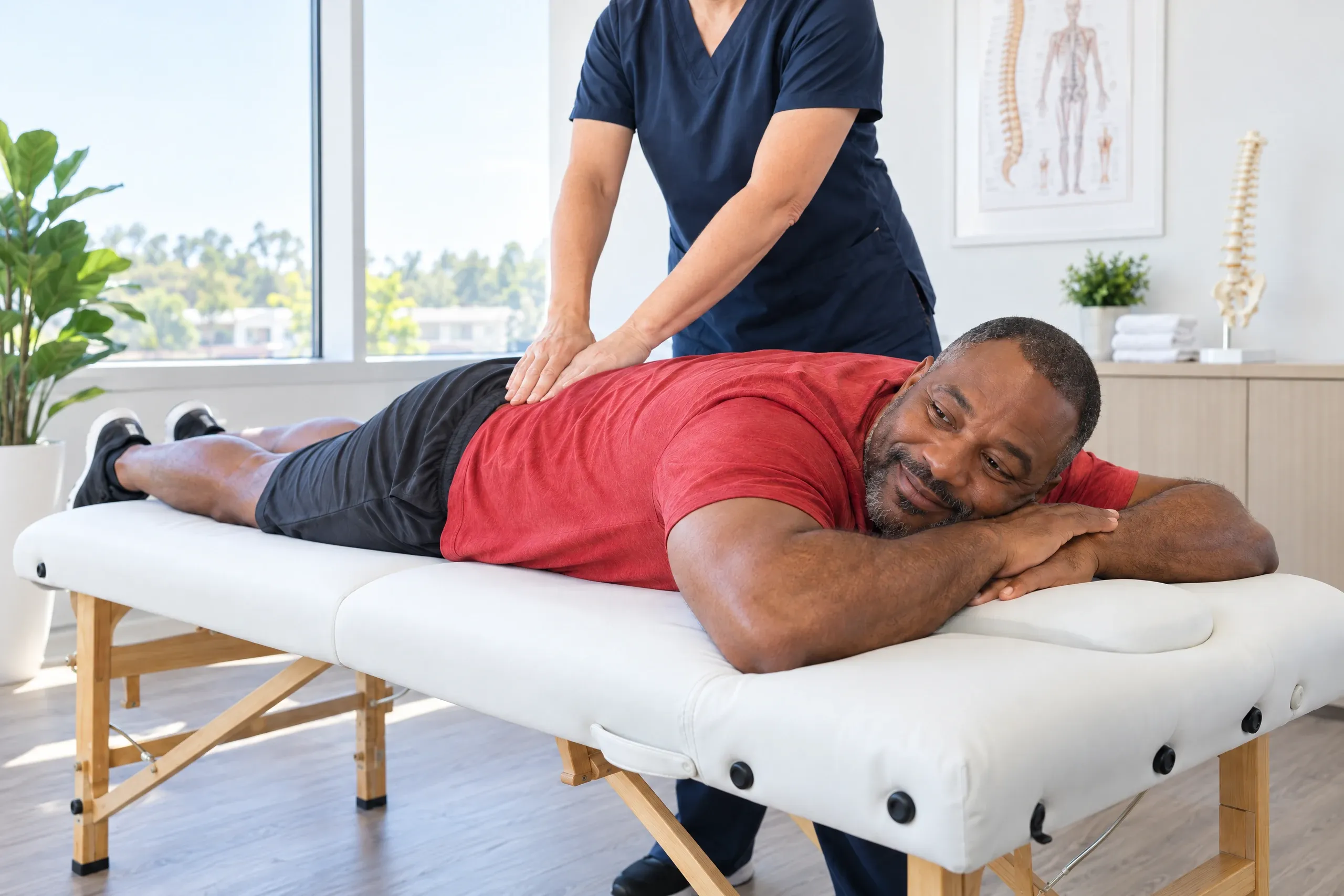 Man holding his lower back before back pain treatment at Ready Pain Management in Gulf Breeze, FL