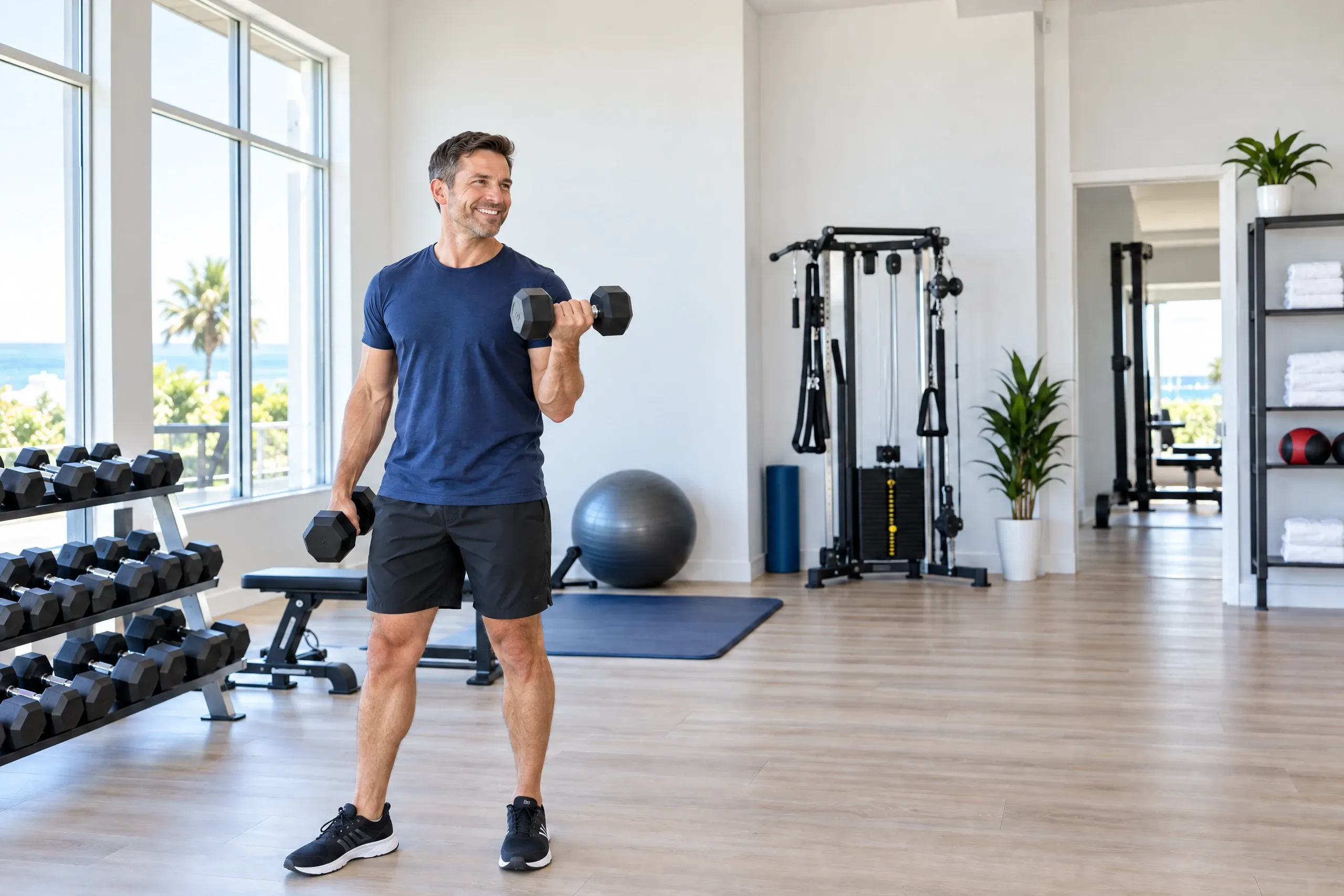 Adult doing a light dumbbell workout at home, showing how to keep muscle while losing weight with strength training