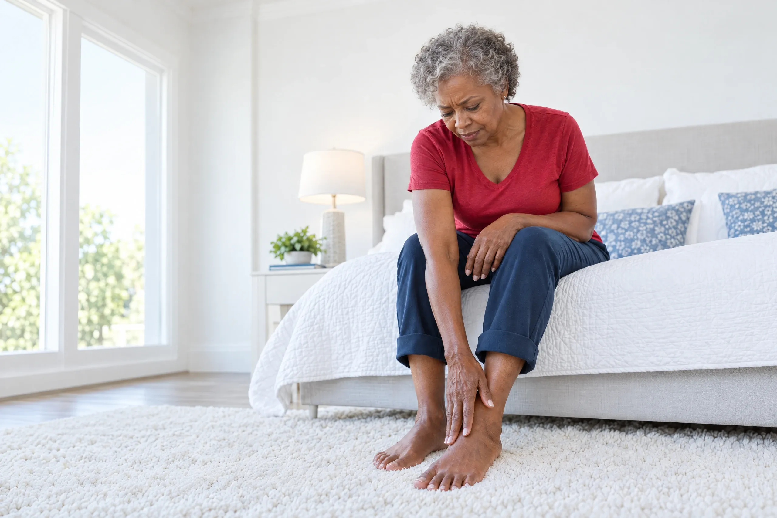 Adult sitting on a bed and rubbing a numb, tingling foot, showing common signs of neuropathy in feet