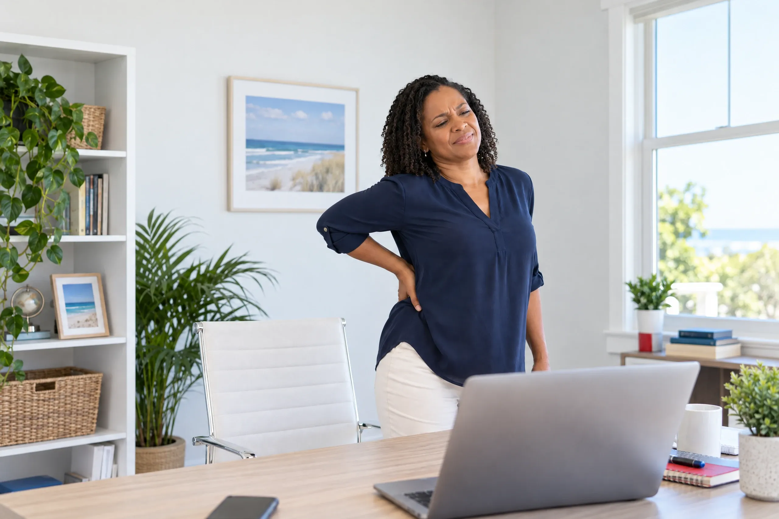 Adult in their 30s holding their lower back at a desk, illustrating common causes of chronic pain in Gulf Breeze, FL