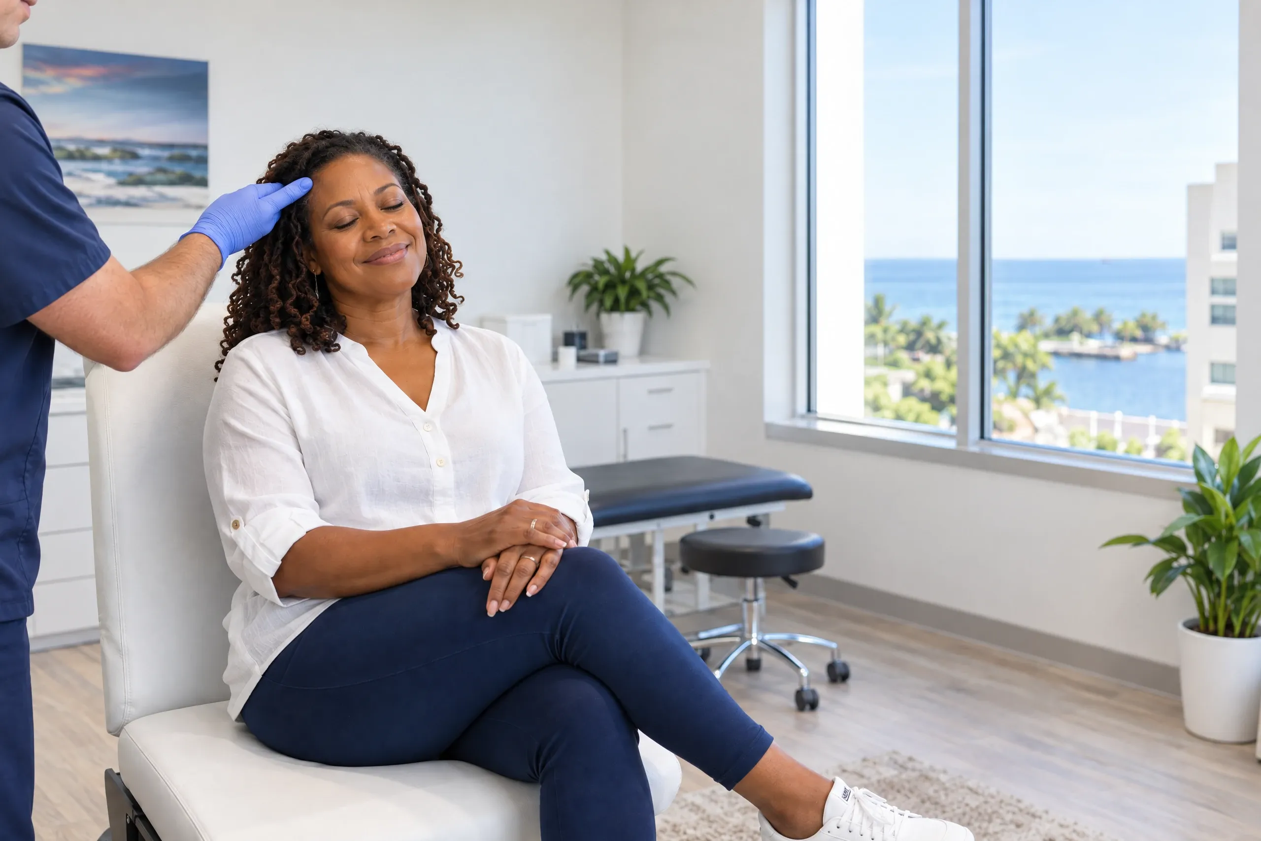 Woman resting in a dim room with a migraine before chronic migraine treatment at Ready Pain Management in Gulf Breeze, FL