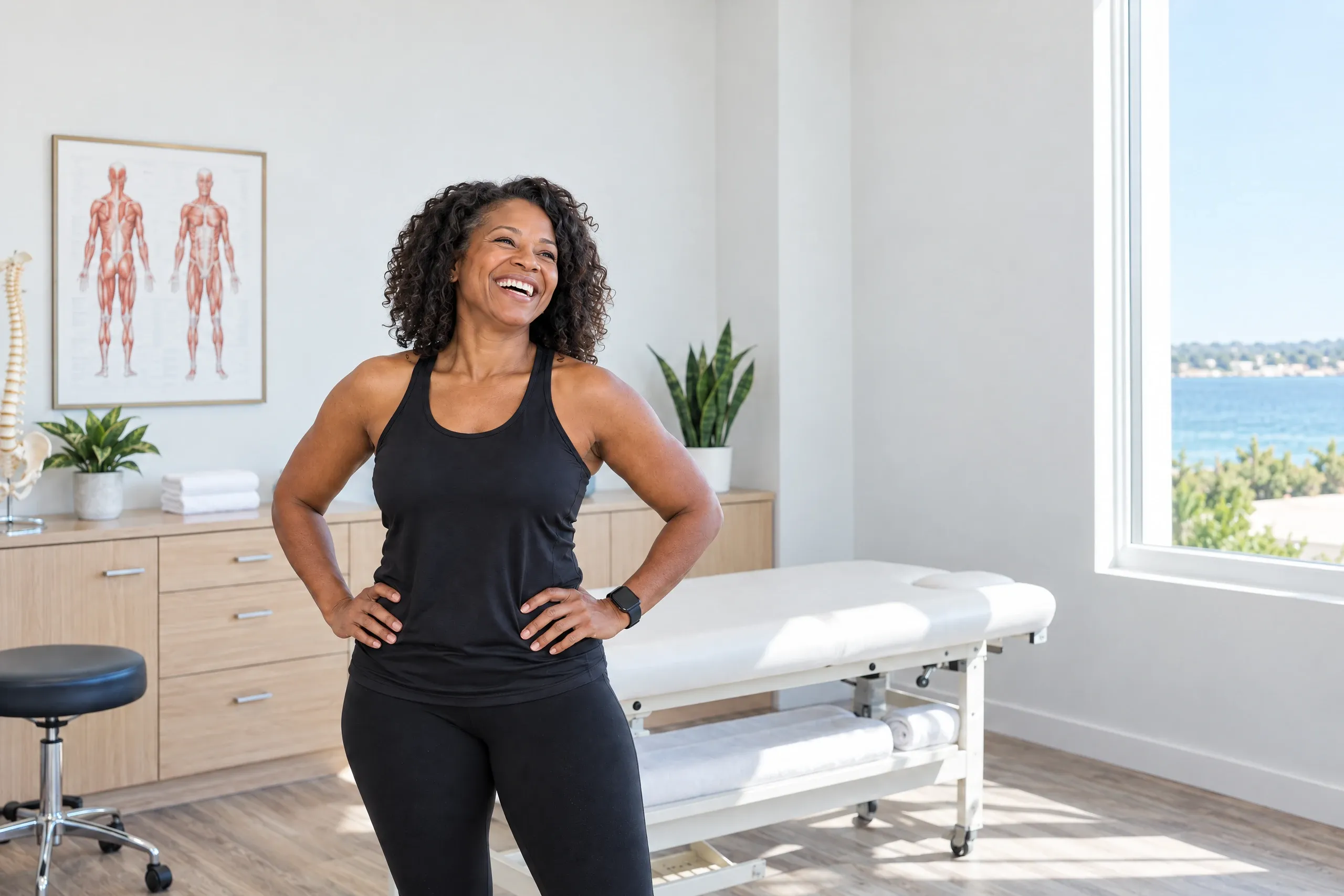 Woman resting on a treatment table with an Emsculpt NEO applicator on her abdomen at Ready Pain Management, Gulf Breeze