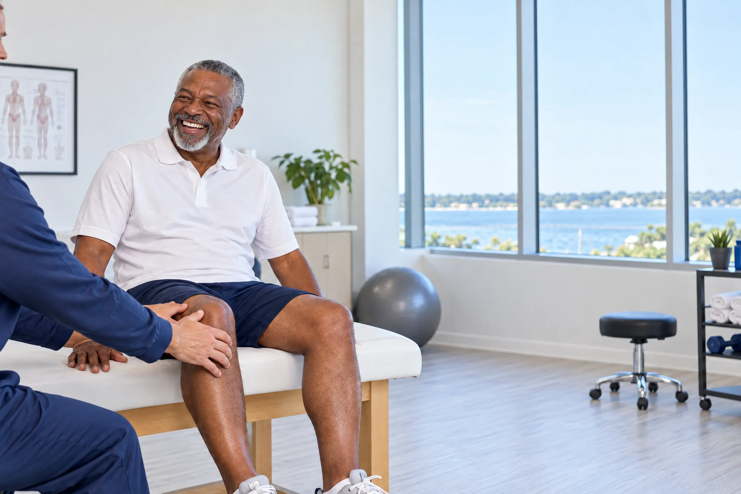 Adult man flexing a sore elbow and wrist before joint pain relief care at Ready Pain Management in Gulf Breeze, FL