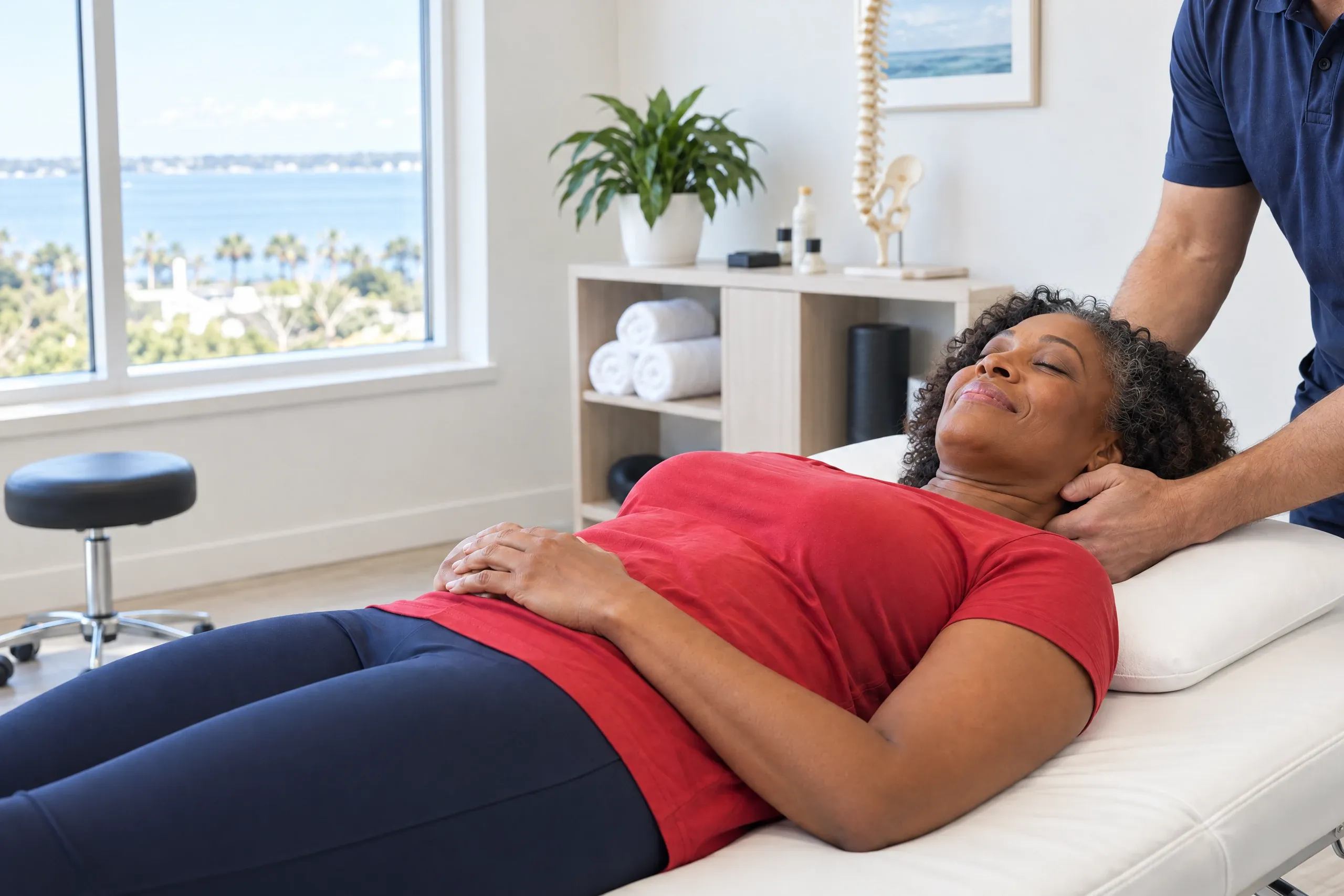 Woman holding the back of her neck before neck pain treatment at Ready Pain Management in Gulf Breeze, FL