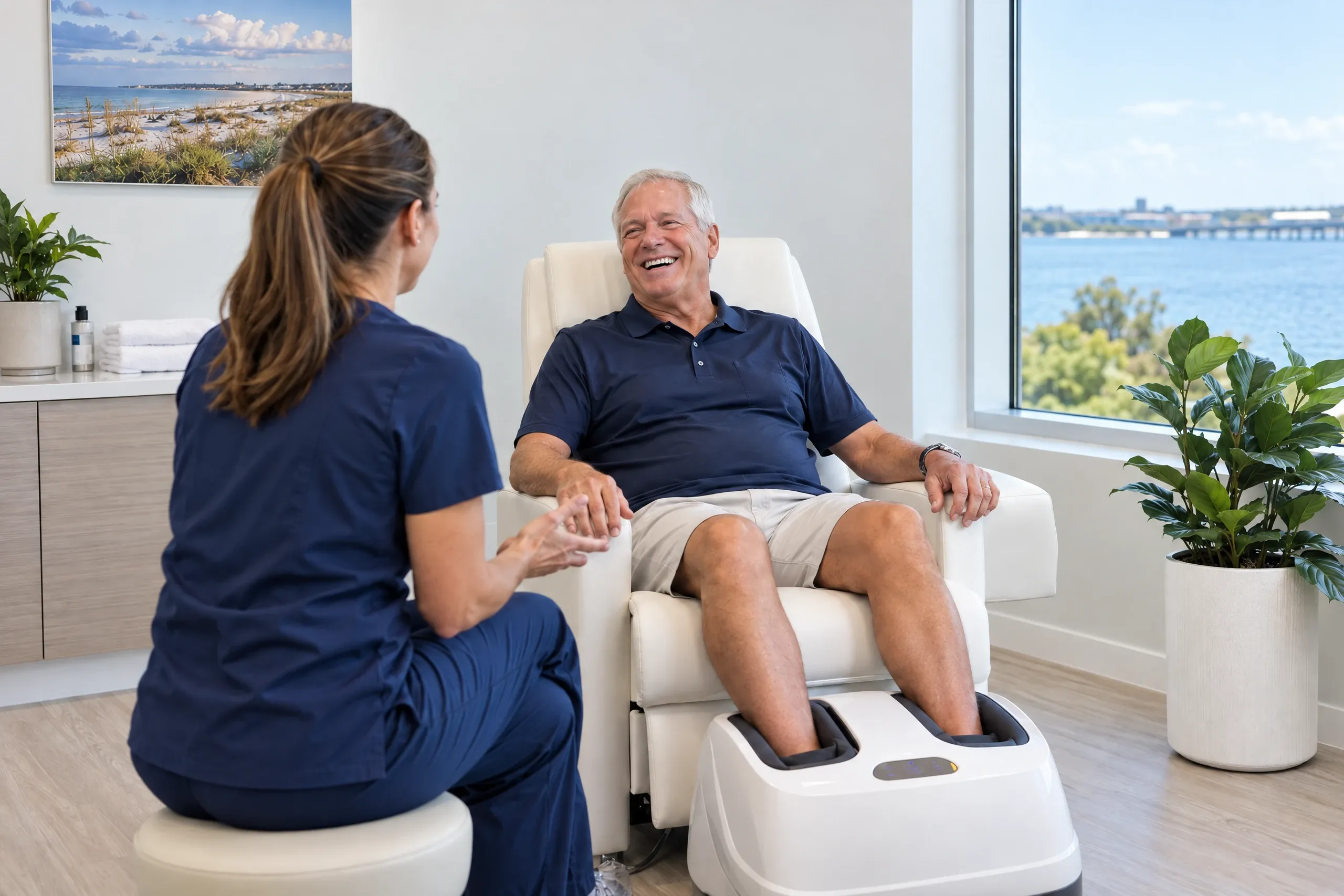 Older man relaxing during a gentle Nerve Reviver nerve stimulation session at Ready Pain Management in Gulf Breeze, FL