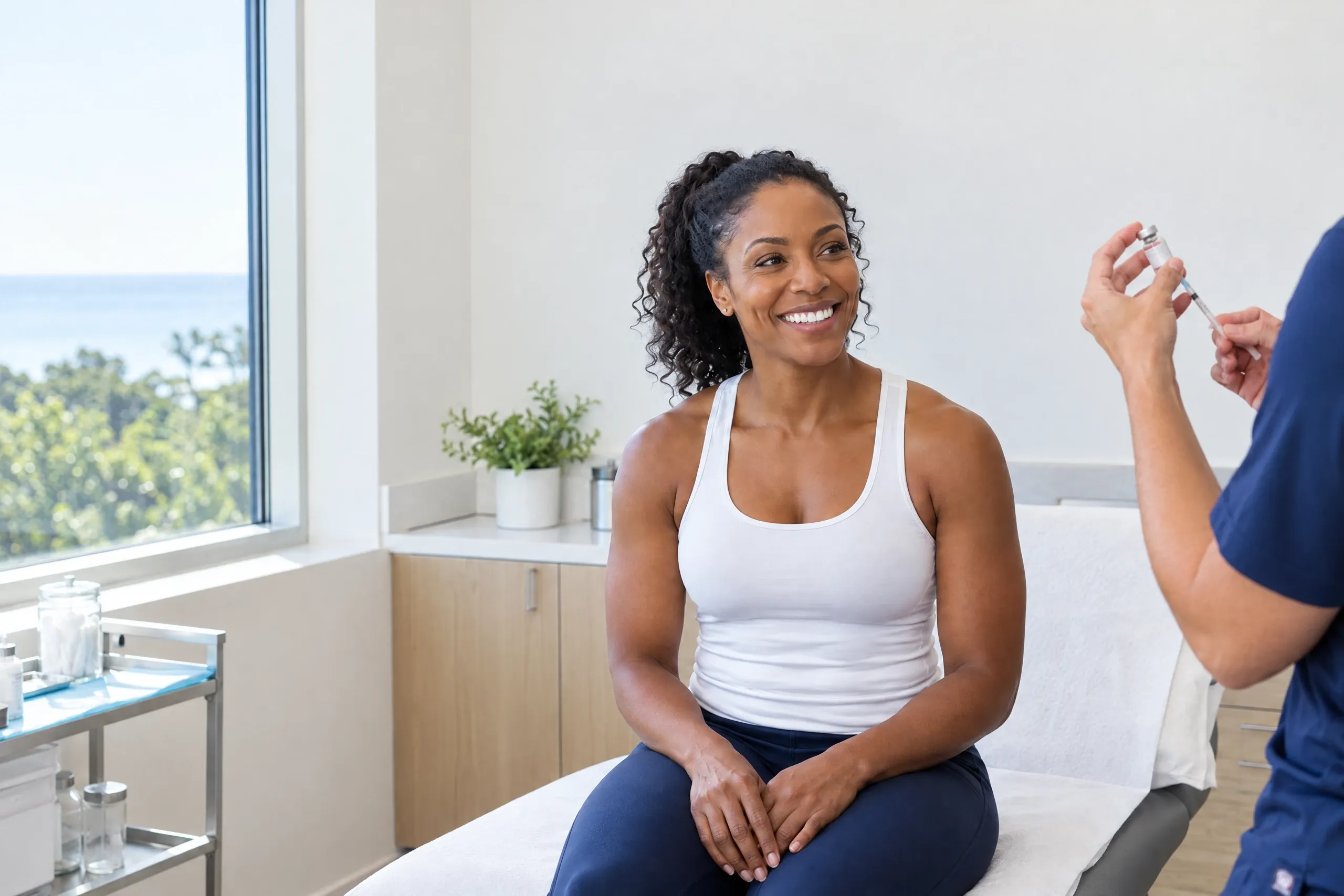 Physician discussing a peptide therapy plan with a patient in his fifties at Ready Pain Management in Gulf Breeze, FL