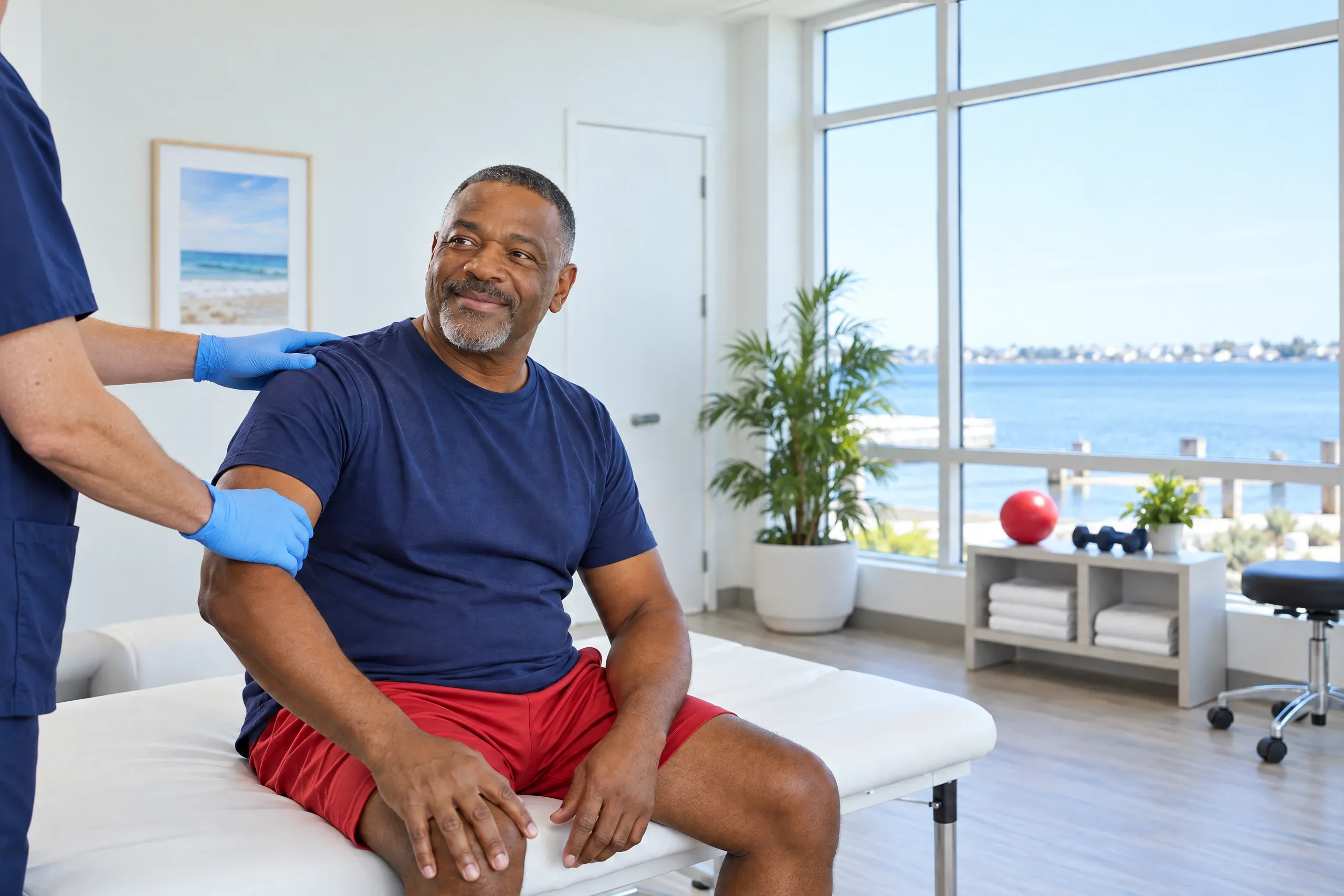 Adult man holding his shoulder before shoulder pain treatment at Ready Pain Management in Gulf Breeze, FL