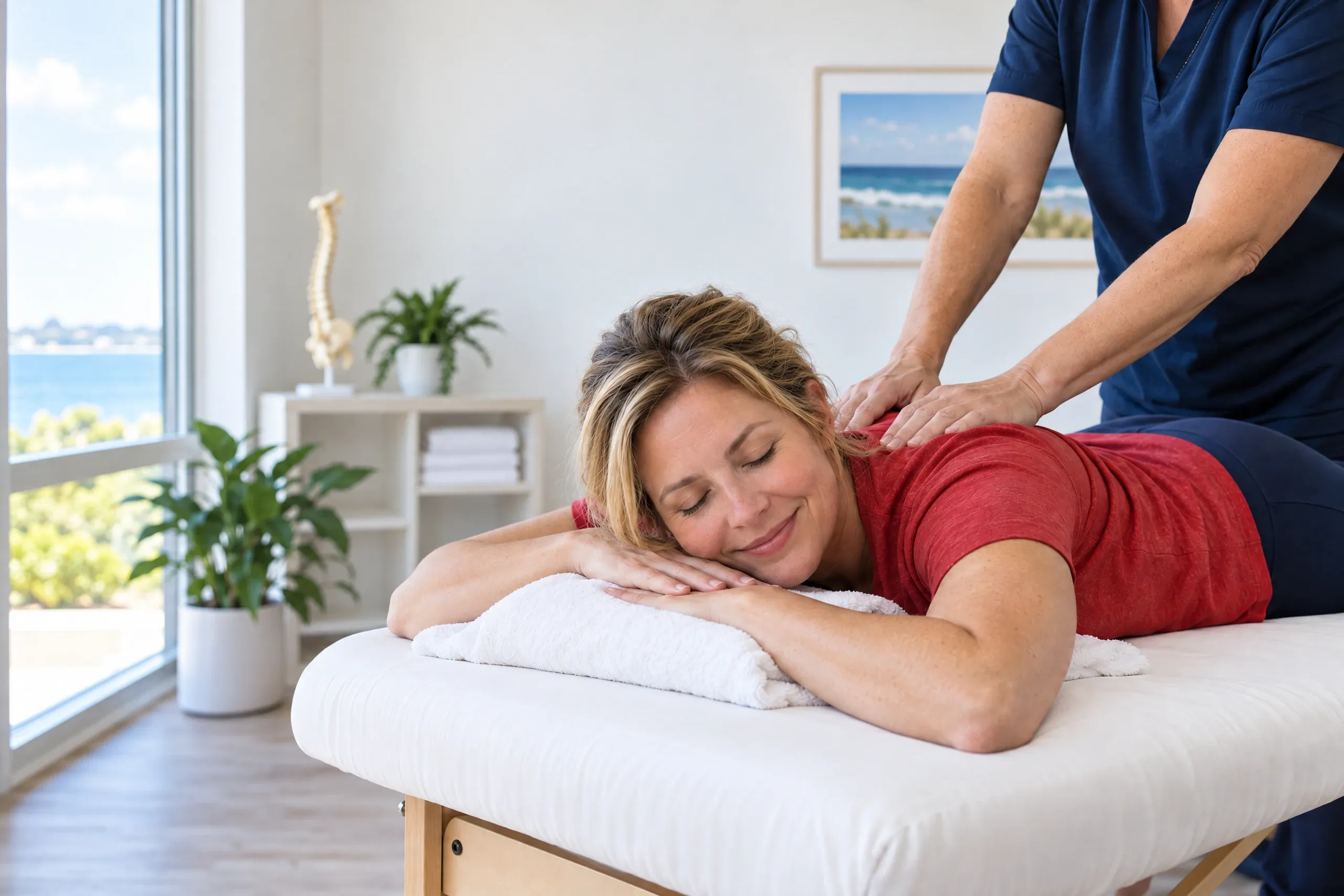 Kimberly Boler, LMT, performing therapeutic massage on a patient's upper back at Ready Pain Management in Gulf Breeze, FL