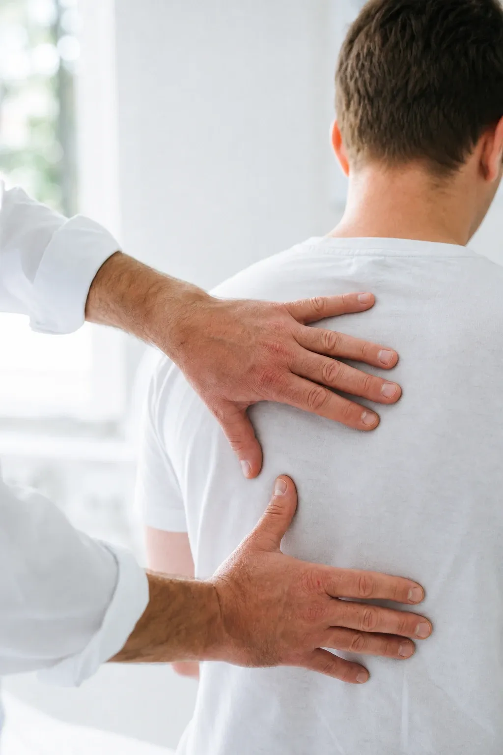 Illustration of a scoliotic spine curve and vertebral rotation used to explain scoliosis to Naples patients