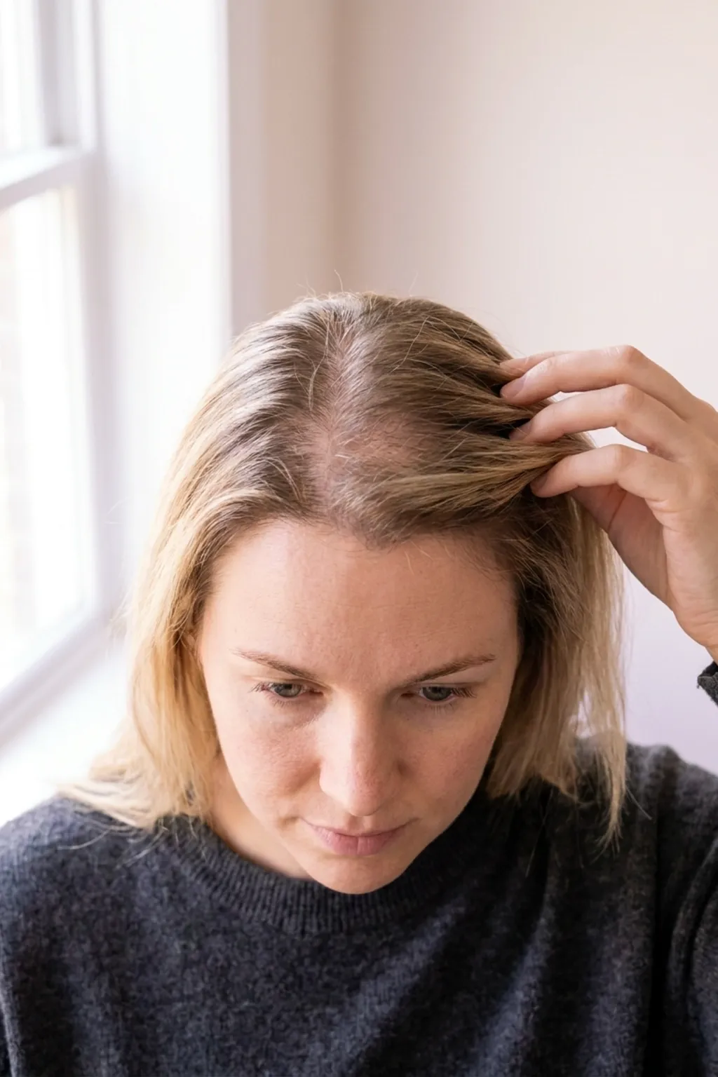 Close-up of a widening center part and reduced hair density assessed at Applegate Dentistry and MedSpa