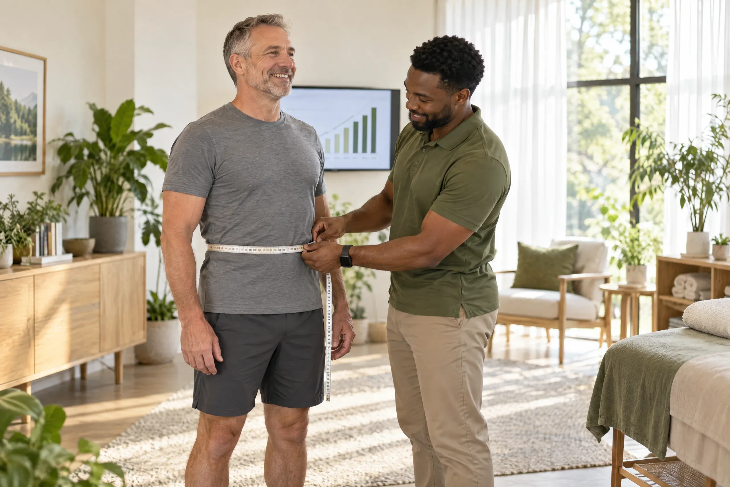 Coach reviewing waist and body fat measurements with a client working on belly and visceral fat near Charlotte, NC