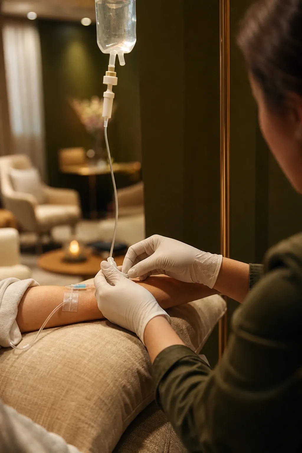 Patient rehydrating with an IV drip after a hot desert day at Desert Oasis Wellness and Med Spa Havasu