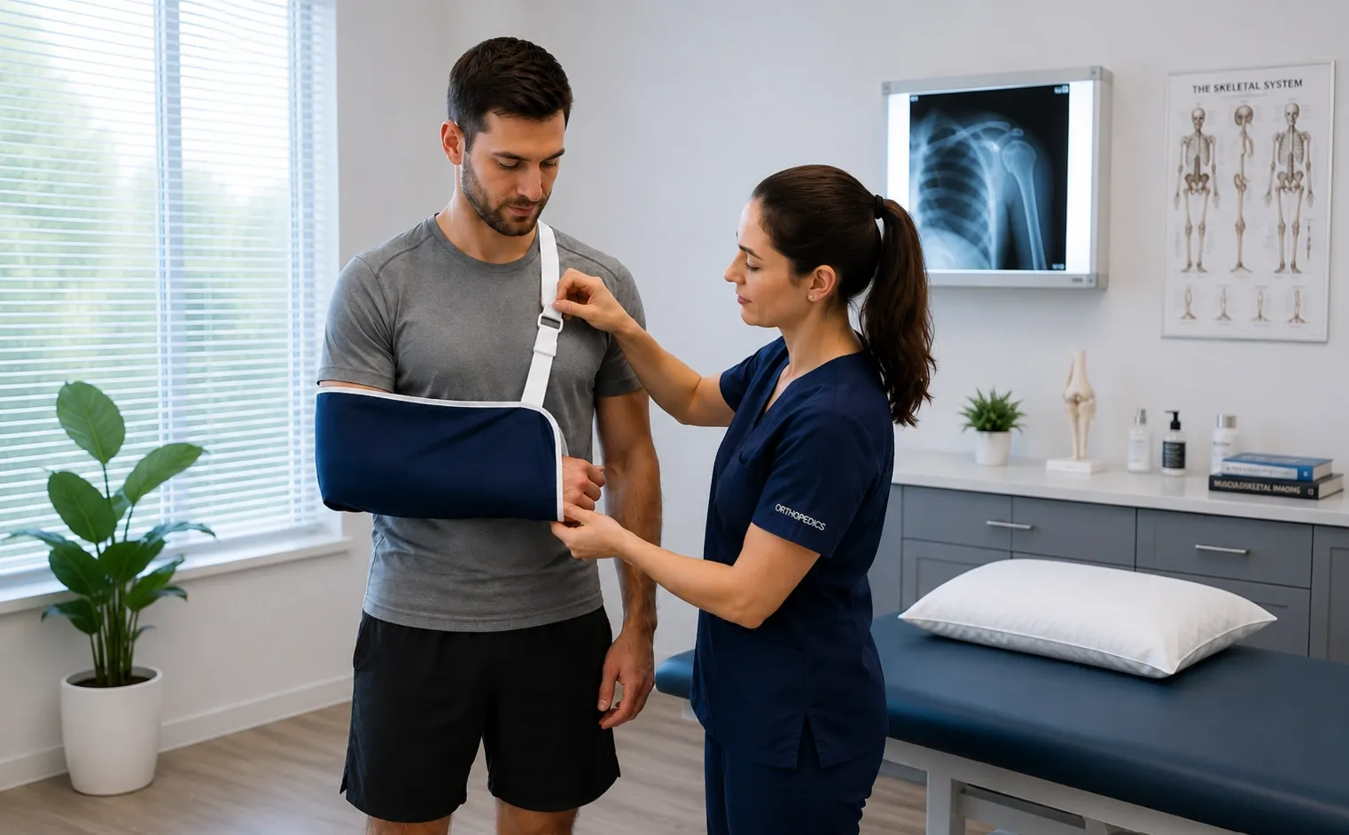 Patient fitted with an arm sling at Emerald Coast Sports Medicine and Orthopaedics in Fort Walton Beach, FL