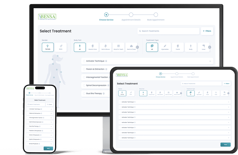 Bensa Chiropractic virtual consultation booking platform displayed on phone, tablet, and laptop