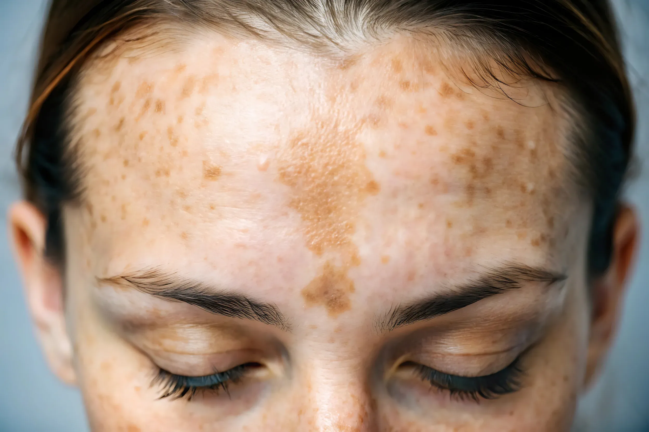 Person examining uneven skin tone in mirror at Resurgent Health Fargo