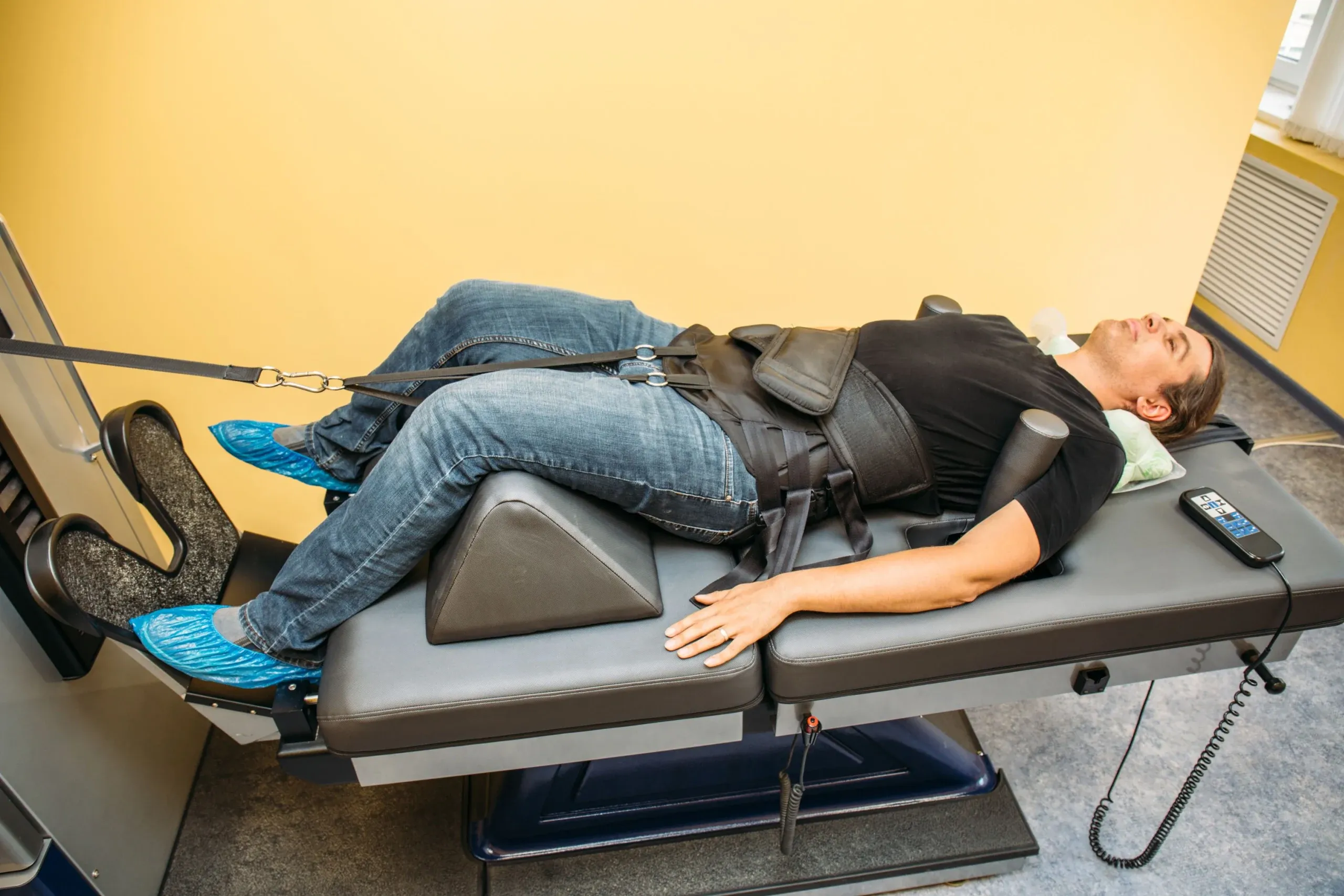 Patient receiving spinal decompression therapy at Bensa Chiropractic and Wellness in Bradenton Florida