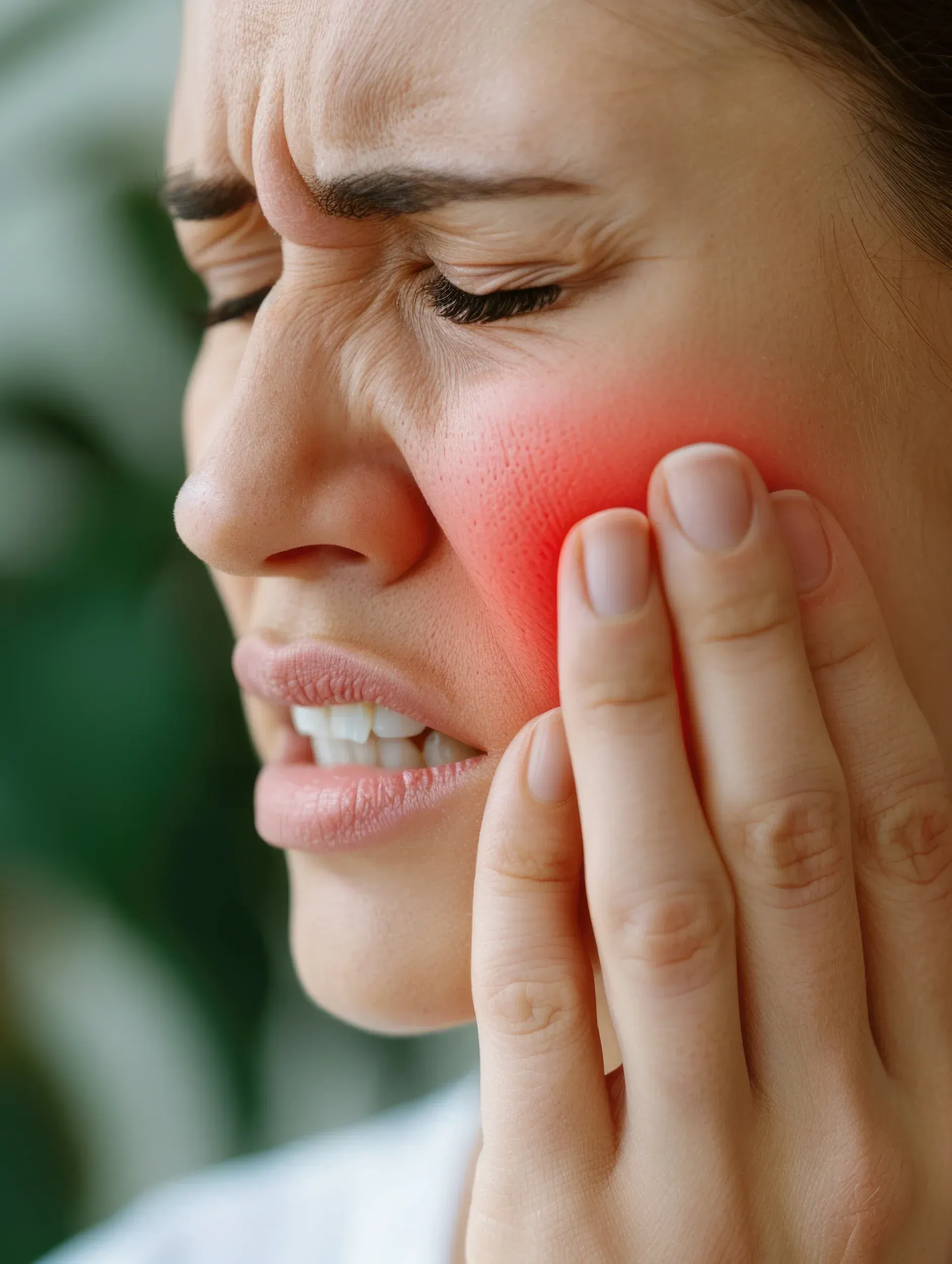 Close-up of woman recognizing TMJ symptoms at Face and Body by Hartley Medispa