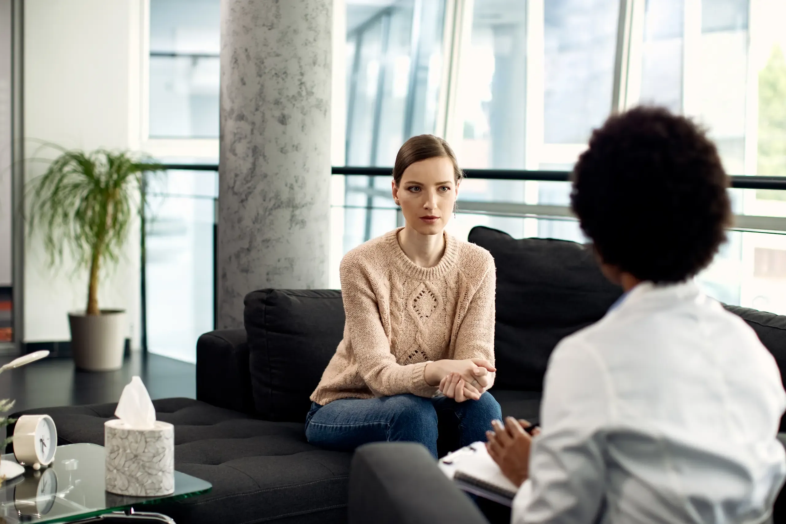 Adult psychiatry consultation showing patient and provider conversation at Riverstone Wellness Easley SC